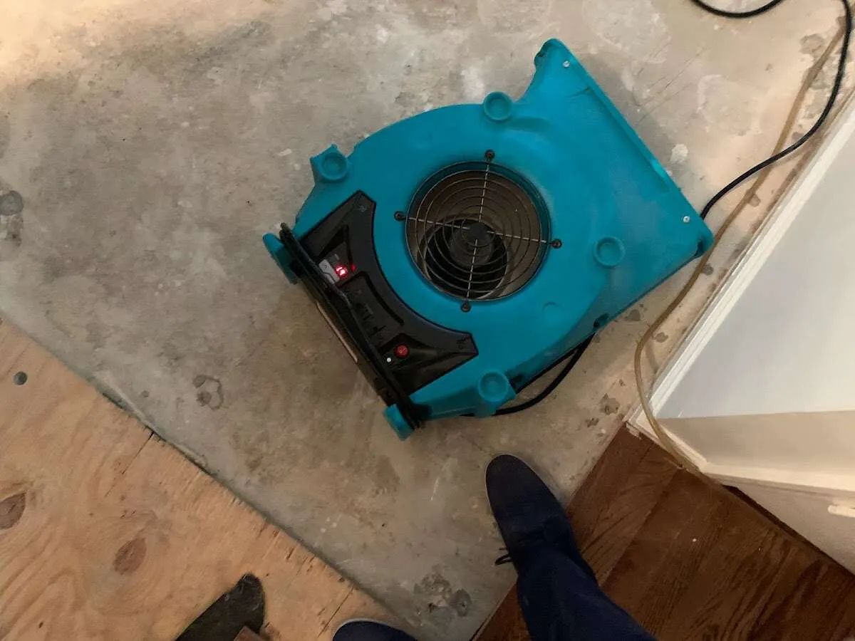 Air mover drying subfloor during Commercial Water Damage Restoration in Orinda